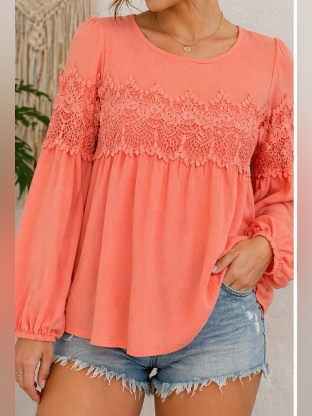 Taylor & Sage Coral Lace Detail Boho Blouse XS Long Sleeve Peasant Rayon Top - Picture 1 of 6